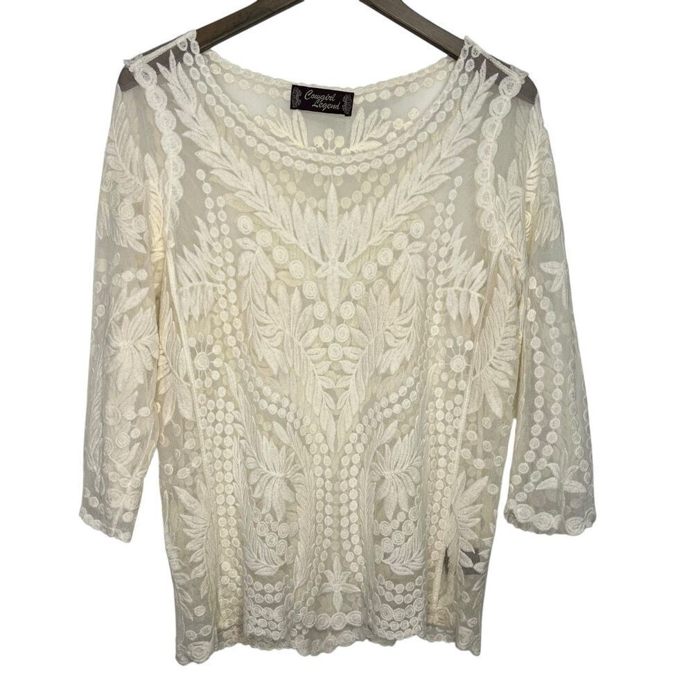 Cowgirl Legend Embroidered Mesh Top size Large Ivory 3/4 Sleeve Boho Western